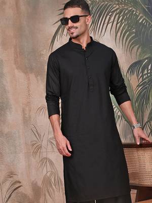 Black cotton textured kurta pajama for mens 1