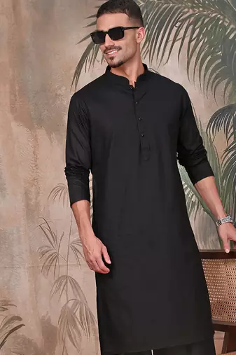 Black cotton textured kurta pajama for mens
