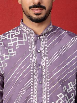 Cotton silk geometric sequence embroidered purple mandarin collar kurta 2