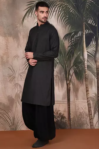 Black cotton textured kurta pajama for mens