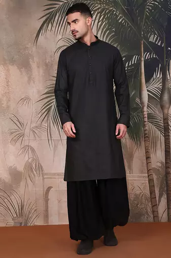 Black cotton textured kurta pajama for mens