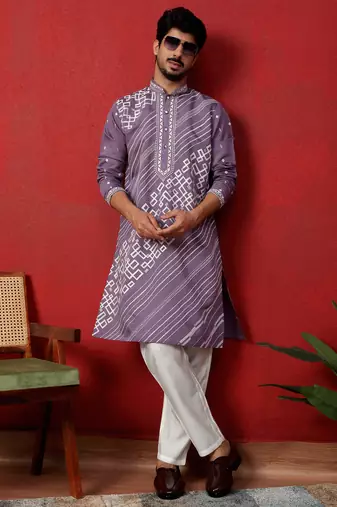 Cotton silk geometric sequence embroidered purple mandarin collar kurta