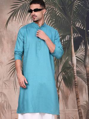 blue cotton textured kurta pajama for mens 1