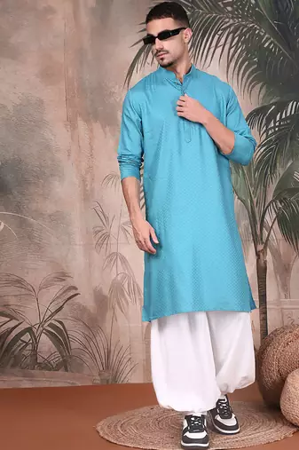 blue cotton textured kurta pajama for mens