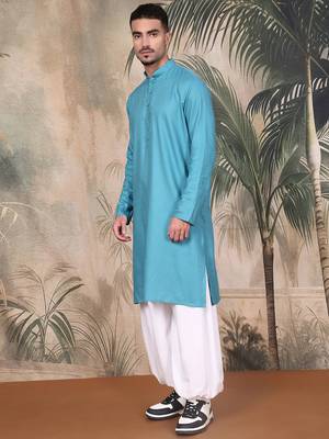 blue cotton textured kurta pajama for mens 3
