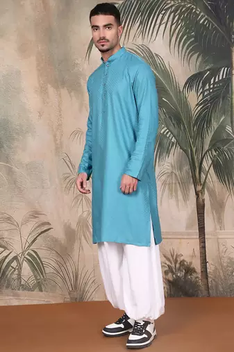 blue cotton textured kurta pajama for mens