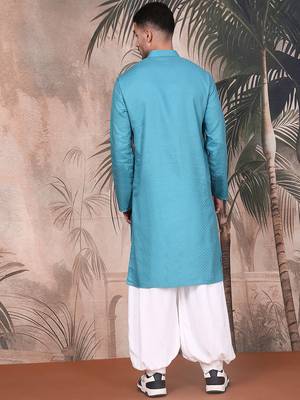 blue cotton textured kurta pajama for mens 4