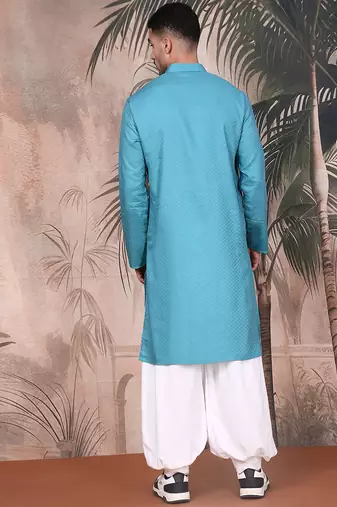 blue cotton textured kurta pajama for mens