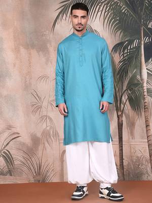 blue cotton textured kurta pajama for mens 5