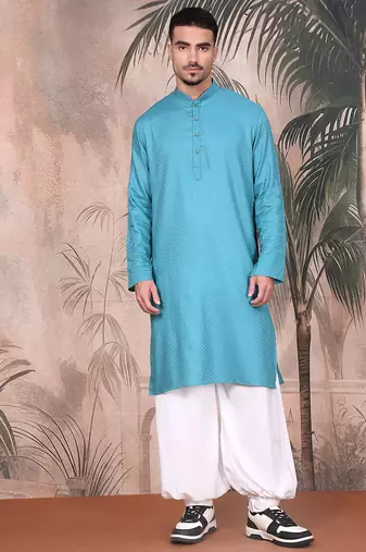 blue cotton textured kurta pajama for mens