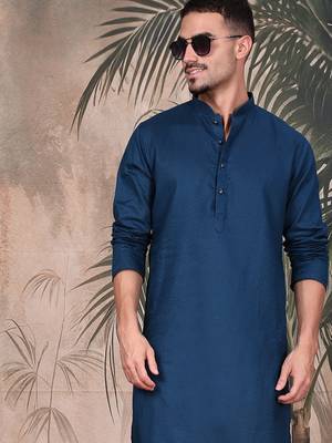 Blue cotton textured kurta pajama for mens 1