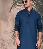 Blue cotton textured kurta pajama for mens