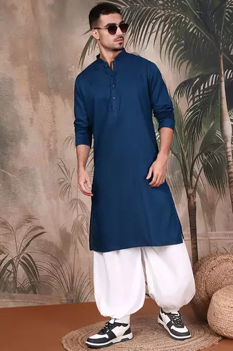 Blue cotton textured kurta pajama for mens