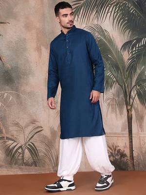 Blue cotton textured kurta pajama for mens 3