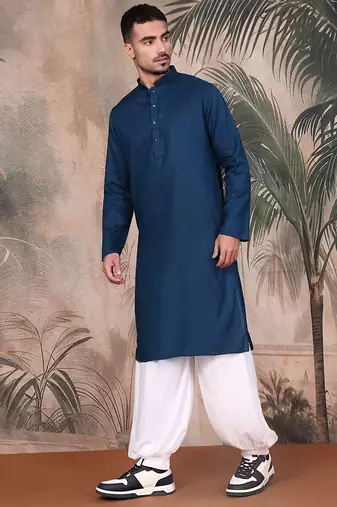 Blue cotton textured kurta pajama for mens