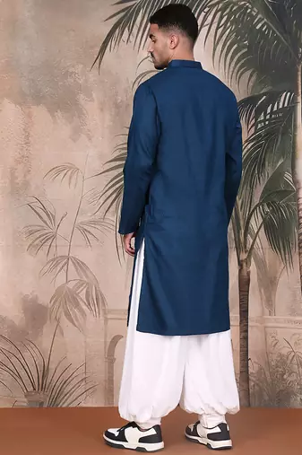 Blue cotton textured kurta pajama for mens