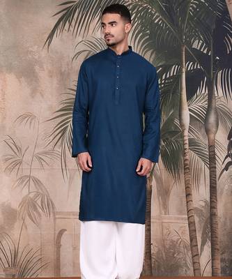 Blue cotton textured kurta pajama for mens 5
