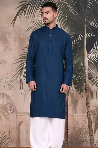 Blue cotton textured kurta pajama for mens