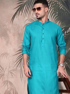 teal blue cotton textured kurta pajama for mens 1