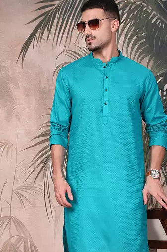 teal blue cotton textured kurta pajama for mens