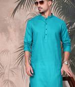 teal blue cotton textured kurta pajama for mens