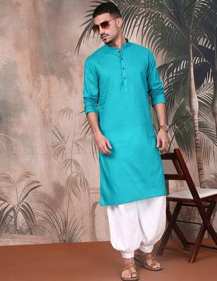 teal blue cotton textured kurta pajama for mens 2