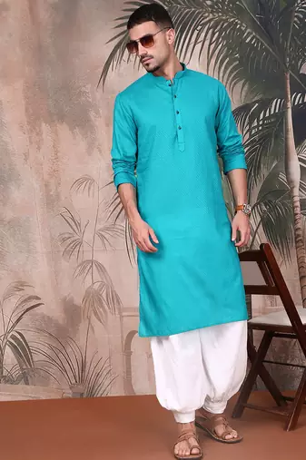 teal blue cotton textured kurta pajama for mens