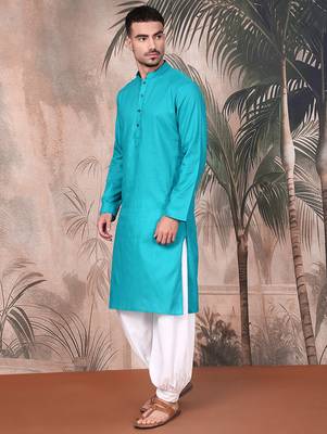 teal blue cotton textured kurta pajama for mens 3