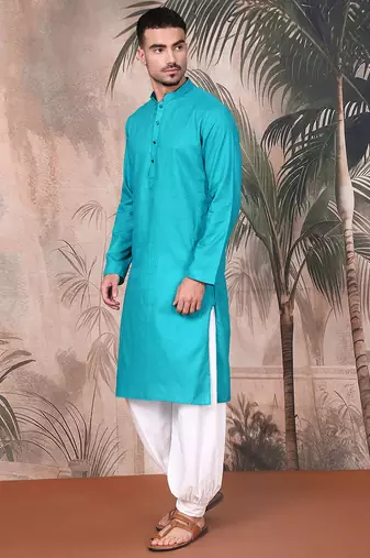 teal blue cotton textured kurta pajama for mens