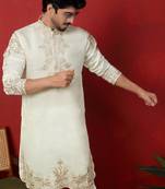 Cotton silk embroidered festive cream kurta