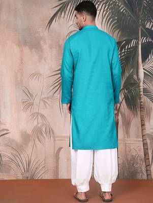teal blue cotton textured kurta pajama for mens 4