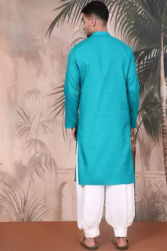 teal blue cotton textured kurta pajama for mens