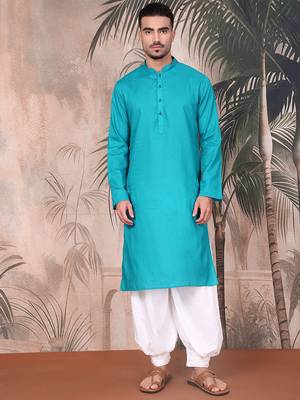 teal blue cotton textured kurta pajama for mens 5