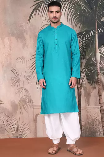 teal blue cotton textured kurta pajama for mens
