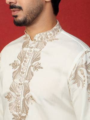 Cotton silk embroidered festive cream kurta 2