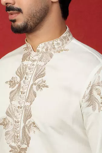 Cotton silk embroidered festive cream kurta