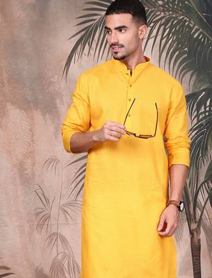 yellow cotton textured kurta pajama for mens 1