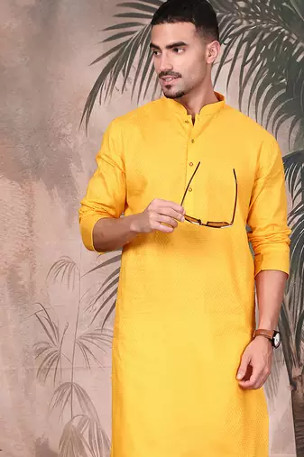 yellow cotton textured kurta pajama for mens