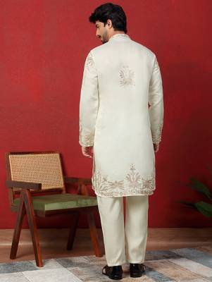 Cotton silk embroidered festive cream kurta 3