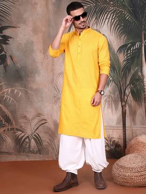 yellow cotton textured kurta pajama for mens 2