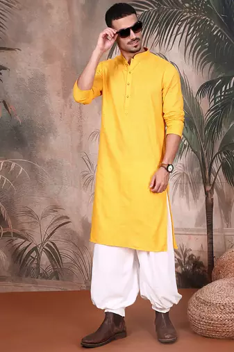yellow cotton textured kurta pajama for mens