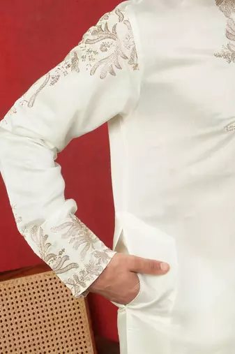 Cotton silk embroidered festive cream kurta