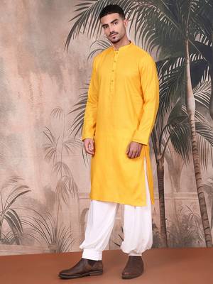 yellow cotton textured kurta pajama for mens 3