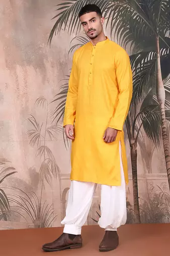 yellow cotton textured kurta pajama for mens