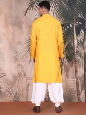 yellow cotton textured kurta pajama for mens 4