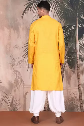 yellow cotton textured kurta pajama for mens