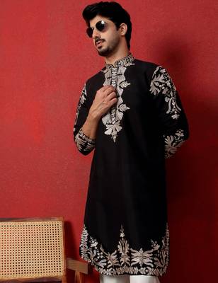 Cotton silk embroidered festive black kurta 1