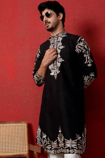 Cotton silk embroidered festive black kurta