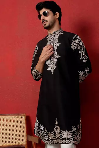 Cotton silk embroidered festive black kurta