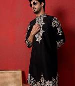 Cotton silk embroidered festive black kurta
